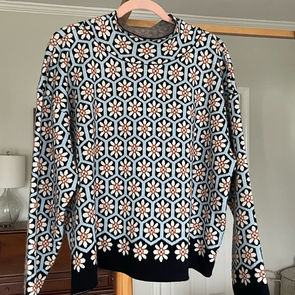 Anthropologie Geometric Floral Turtleneck Sweater - Black, White, and Orange